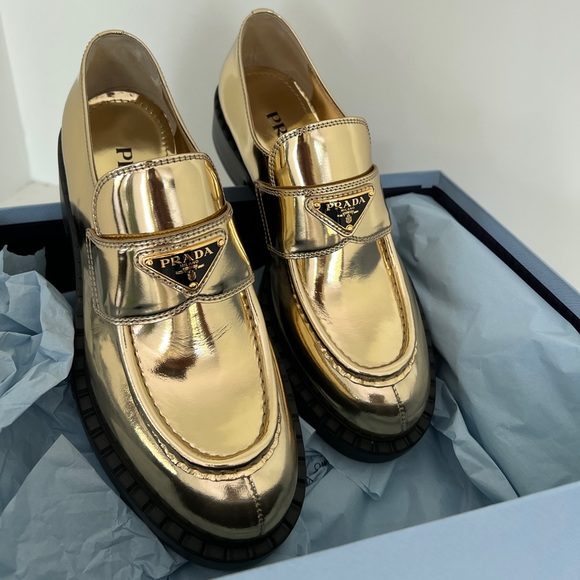 NWT Prada Gold Loafers - Picture 1 of 10